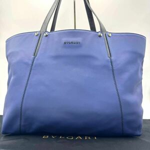 1円【入手困難/極美品】BVLGARI ブルガリ オクト メンズ トートバッグ 肩掛け A4 大容量 ビジネス ロゴ オールレザー 本革 ブルー 青 黒