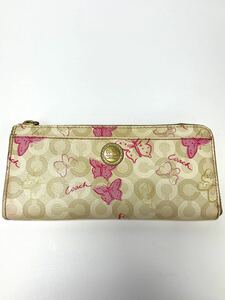 【JL4-4251】COACH 長財布 ウェイバリー バタフライ プリント キャンバス ベージュ １円スタート