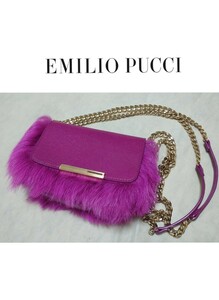 美品【エミリオプッチ】Emilio Pucci チェーン ショルダー ミニバッグ★レザー×ファー