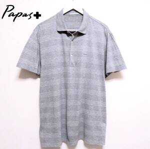 美品 Papas+ PAPAS PLUS パパスプラス ボーダーポロシャツ 鹿の子ポロ 半袖トップス メンズウエア 胸ロゴ刺繍 紳士 XLサイズ 綿100％ 夏物