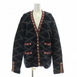 トリーバーチ TORY BURCH Tweed TRIM Cardigan ツイードトリムカーディガン ニット 長袖 Vネック ウール 切替 総柄 M 紺 赤 グレー