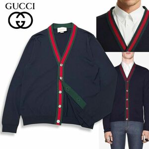 10 国内正規品 GUCCI グッチ 408146 シェリーライン ウール ニット カーディガン Vネック セーター L ネイビー メンズ イタリア製