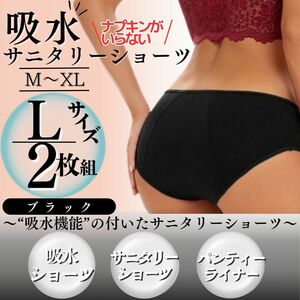 Lサイズ 2枚セット サニタリーショーツ 下着 生理パンツ 吸水ショーツ 黒 吸水 生理 パンツ 尿もれ 厚手 産後パンツ 夜用 ジュニア