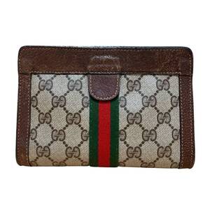 GUCCI グッチ オールドグッチ ヴィンテージ シェリーライン GG柄 PVC×レザー クラッチ セカンドバッグ ブラウン系 ポーチ