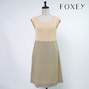 美品 FOXEY フォクシー リブ チェック ドッキングノースリーブAラインワンピース レディース ベージュ系 サイズ40*OC118