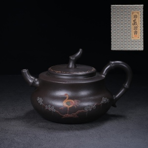 【聚寶齋*紫砂手工彫 紫砂壺*竹韻壺】茶壺 茶道具 中国古美術 造型精美 容量：400cc