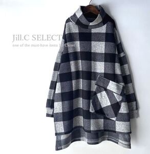 新品【送料185円】伸縮◎ブロックチェック*サイドスリット＆バックロング*オフタートルネック*ニットソー*プルオーバー*チュニック4201.BK