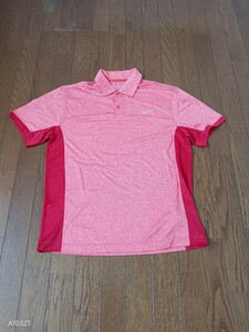 【中古品】NIKEGOLFナイキゴルフ DRY-FIT　半袖ポロシャツ　ゴルフウェア　速乾性素材　サーモンピンク赤　メンズサイズＬ