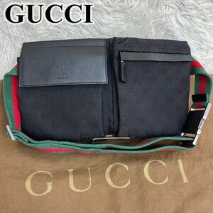 1円〜【至極の逸品】GUCCI グッチ ボディーバッグ ウエストポーチ ショルダーバッグ GGキャンバス シェリーライン ロゴ型押し 黒 メンズ