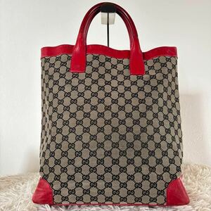 【希少】グッチ GUCCI トートバッグ マチあり GG柄キャンバス 本革レザー ビジネスバッグ レッド 赤 A4可能 メンズ レディース 鞄カバン