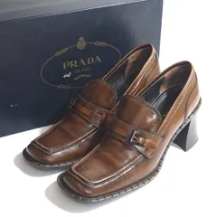 プラダ PRADA ヒール ローファー レザー シューズ 36 22.5㎝相当 ブラウン レディース 正規品 4-SK025