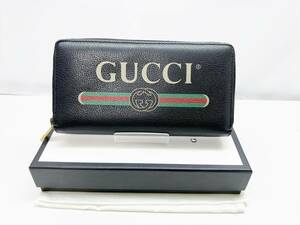 美品　GUCCI　グッチ　クルーズ　ロゴ　グッチプリント　ラウンド長財布　黒　496317