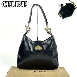 美品■CELINE セリーヌ ショルダーバッグ トリオンフ ゴールド金具 カーフレザー ブラック ボックスカーフ ホースビット ワンショルダー 黒