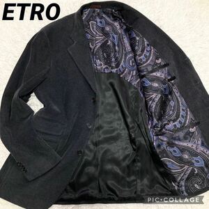 未使用級 XL位 ETRO エトロ テーラードジャケット コート コーデュロイ ペイズリー 総柄 スタンドカラー切替 黒 ブラック メンズ 50