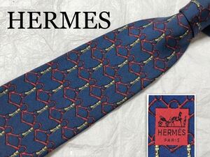 HERMES エルメス　ネクタイ　シルク100% フランス製　金具と紐　ブルー