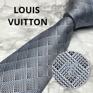 至高の光沢！！　未使用級！！　LOUIS VUITTON ルイヴィトン　ネクタイ　シルバーブルー　ダミエ　スーツ　シャツ　カフス　ビジネスバッグ