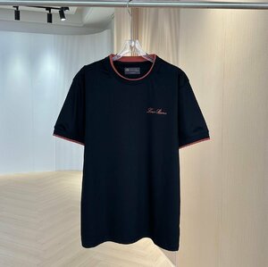 Loro Piana　ロロピアーナ メンズ 半袖Tシャツ ブラック 丸首 トップス カットソー クルーネック 紳士服 夏物 プリントロゴ 48-56サイズ