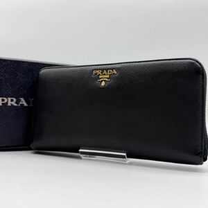 PRADA プラダ ラウンドファスナー 長財布 メタル　ロゴ　金ロゴ　ブラック サフィアーノレザー　カード付き　ユニセックス　ジッピー