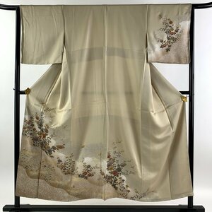 訪問着 身丈152cm 裄丈63.5cm S 袷 草花 鶴 金銀彩 ベージュ 正絹 秀品 【中古】