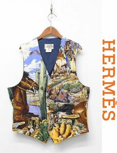 HGS-U233/美品 フランス製 ヴィンテージ 80s 90s HERMES ベスト ジレ 総シルク100% 総柄 52 XL 大きいサイズ