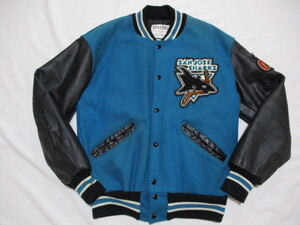 DeLONG NHL SANJOSE SHARKS 90s 袖革スタジャン 水×黒 USA製 S ビンテージ