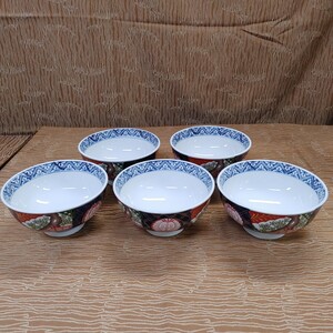 【錦小桜 どんぶり 5点 ①】中古品 美濃焼き？ 丼 器 陶器 和食器 錦絵 金彩 春山？ 【B5-3④】1122