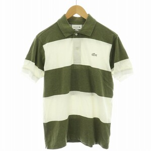 ラコステ LACOSTE ポロシャツ 半袖 ボーダー ロゴワッペン S 白 ホワイト カーキ /NQ メンズ