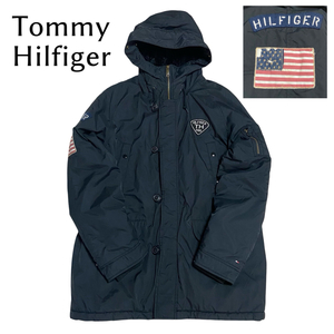 2706 －大特価ー 良品★ 【トミーヒルフィガー】 Tommy Hilfiger メンズ 中綿ナイロンジャケット コート （L） フード 起毛 黒 ロゴ LOT27