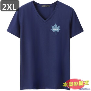 本日のお買得 ☆ Vネック 半袖 Tシャツ【455】 ネイビー 2XLサイズ トップス シャツ シンプル イラスト デザイン 春夏