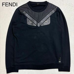 希少 FENDI フェンディ モンスター レザー切り替え スウェット ブラック