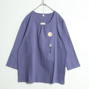 【新品タグ】LEMIORE★カジュアル可愛い♪　ネックラインのギャザーが可愛い七分袖カットソー　ストレッチ　サイズ3L　パープル系　 b9380