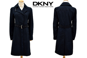 A-3783★美品★DKNY ダナキャランニューヨーク★春秋冬 正規品 ネイビー紺色 ウエストベルト付き フライフロント ロングコート 4 S