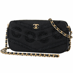 シャネル CHANEL ココマーク チェーン ウォレット クラッチ ポシェット 2WAY ショルダーバッグ キャンバス ブラック レディース 中古