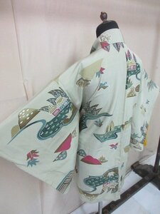 1円 良品 正絹 羽織 和装コート 縮緬 型染 風景 家屋 小鳥 おしゃれ 高級 袷 身丈77cm 裄63cm【夢職】★★★