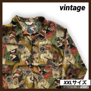 vintage ポリシャツ 柄シャツ 絵画柄 長袖シャツ 長袖 XXL レディース 古着 茶 ヴィンテージ 大き目 ヨーロピアン 長袖ブラウス 送料無料