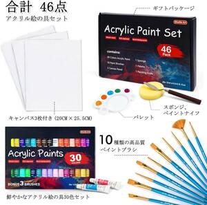 アクリル絵の具 アクリル顔料 46点セット 30色 ペイントブラシ10本 パレート付き