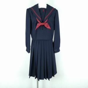 1円 セーラー服 スカート スカーフ 上下3点セット 160A 大きいサイズ 冬物 赤2本線 女子 学生服 大分中津中学 紺 制服 中古 ランクC NA8138