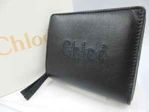 ◇ Chloe クロエ 二つ折り財布 センス シャイニー カーフレザー コンパクトウォレット ブラック 刺繍 ロゴ 箱・保存袋付き