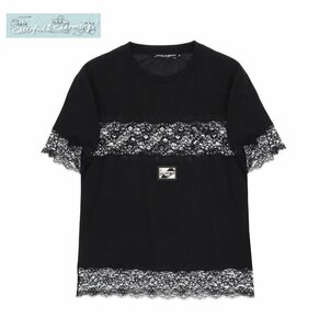 Sランク DOLCE&GABBANA Tシャツ ジャージー レースインサート&ロゴプレート 36 ブラック F8T43TFU7EQN0000