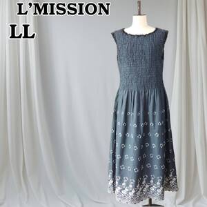 大きいサイズXL　ゼロエミッション　L’MISSION　ノースリーブワンピース　ロング　シャーリング　花刺繍　グレー　240731-02