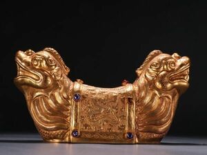 【瓏】古銅鏨刻彫 塗金龍脈枕 清時代 古置物擺件 銅器 中国古賞物 蔵出