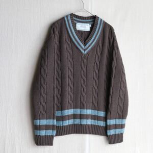 イギリス製 OLDDERBY KNITWEAR チルデン ニット セーター / L ウール ブラウン ブルー ケーブル Vネック ミドルゲージ K4-10040-9649