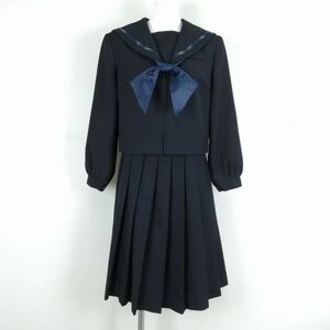 1円 セーラー服 スカート スカーフ 上下3点セット 大きいサイズ 冬物 柄1本線 女子 学生服 熊本荒尾海陽中学 紺 制服 中古 ランクC NA7987