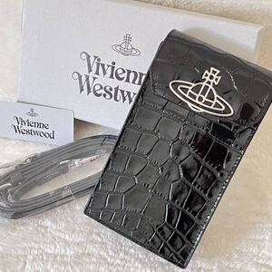 新品◆限定1点 イタリア製 ヴィヴィアン クロコ型押し レザー スマホケース ショルダーポーチ 黒 VivienneWestwood