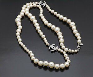 1円～ 超美品 CHANEL シャネル コスチューム パール ロングネックレス 2重巻き 88ｃｍ ココマーク A13/V 箱取保存袋