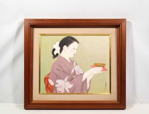 真作 田代正子 日本画「娘」画寸 46cm×38cm 8号 神奈川県出身 日展会友 堂本印象門下 凜とした気品漂う和装女性を描く 5966