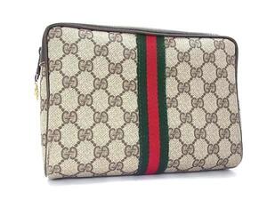 1円 ■美品■ GUCCI オールドグッチ 98 72 014 3553 ヴィンテージ シェリーライン GG柄 PVC×レザー クラッチバッグ ブラウン系 FF8951