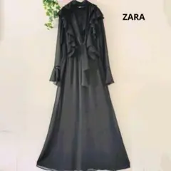 ZARA　ザラ　フレアーワンピース　ボウタイ　フリル　シアー　ロング　XS