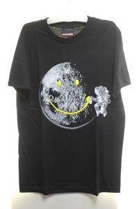 【XL】月にスマイルマーク　プリントTシャツ　黒【ｃ-78】