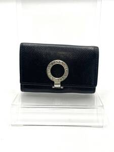 【キーフック欠損×1/イニシャル刻印有り】BVLGARI ブルガリ 三つ折り 6連 キーケース ブラック サークル シルバー金具 ロゴ メンズ